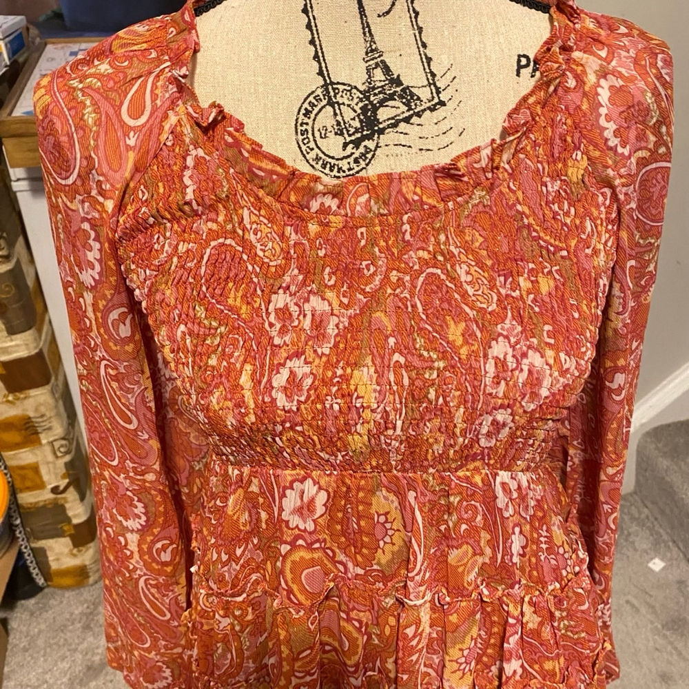 Women's Jacquie the Label Boho Fall Paisley Tencel Smocked Dress, Small, Orange - Picture 4 of 10